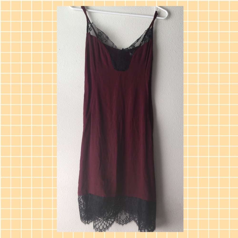Maroon dress with black lace trim